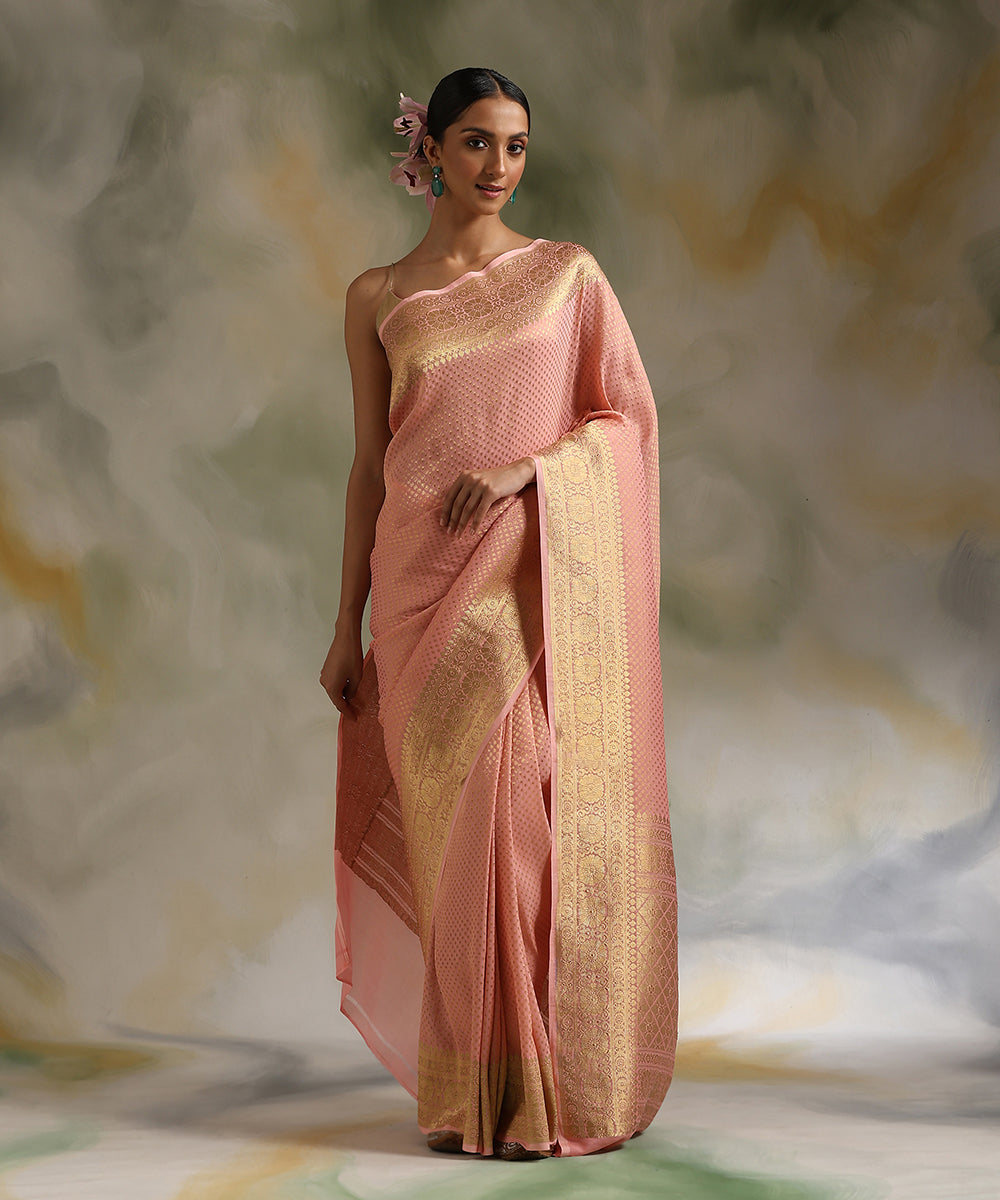 Handloom_Peach_Pure_Georgette_Tanchoi_Banarasi_Saree_With_Kadhwa_Border_WeaverStory_02