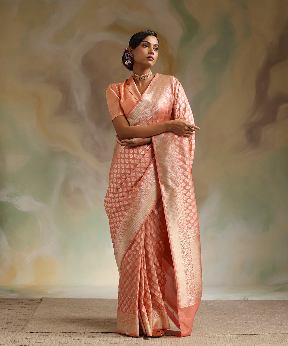 Handloom_Peach_Pure_Katan_Silk_Banarasi_Saree_With_All_Over_Gold_Cutwork_Booti_WeaverStory_02
