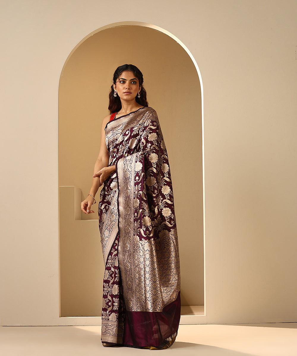 Wine_Handloom_Pure_Katan_Silk_Banarasi_Saree_With_All_Over_Jaal_WeaverStory_02