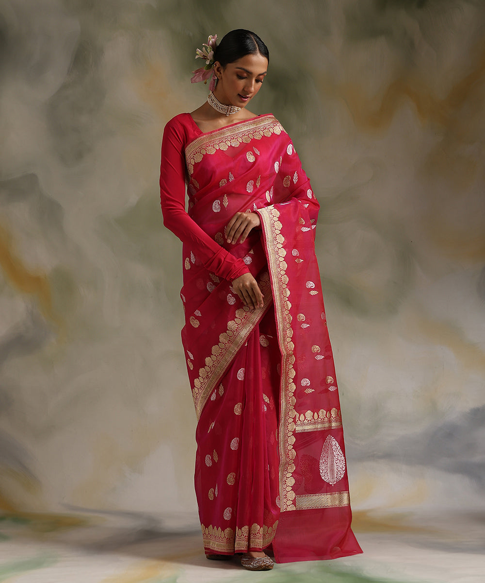 Hot_Pink_Handloom_Pure_Kora_Silk_Banarasi_Saree_With_Kadhwa_Booti_WeaverStory_02