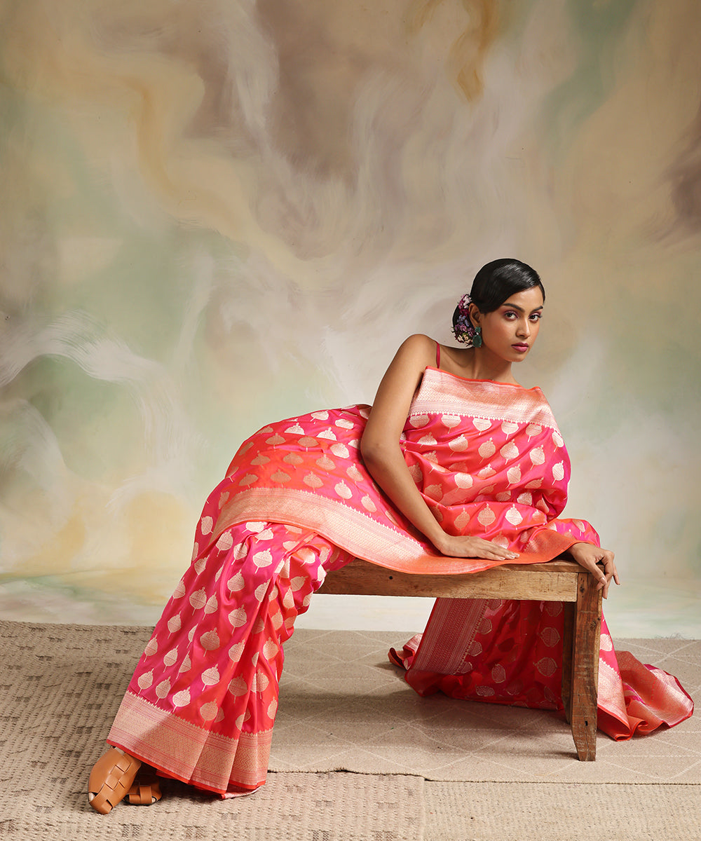 Hot_Pink_Double_Shade_Handloom_Pure_Katan_Silk_Banarasi_Saree_With_Golden_Cutwork_Booti_WeaverStory_01