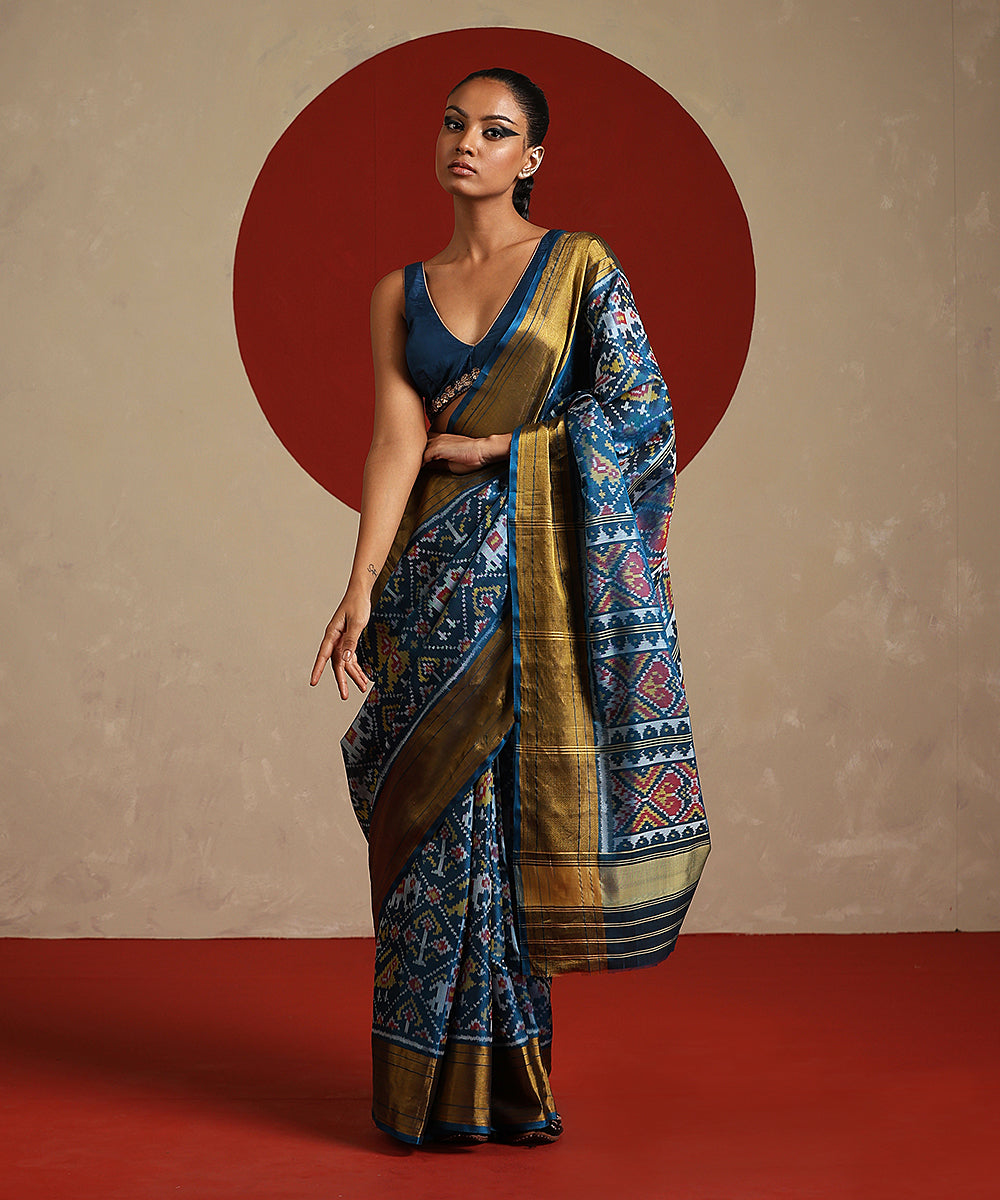 Blue_Double_Shade_Handloom_Pure_Mulberry_Silk_Ikat_Patola_Saree_With_Tissue_Border_WeaverStory_02