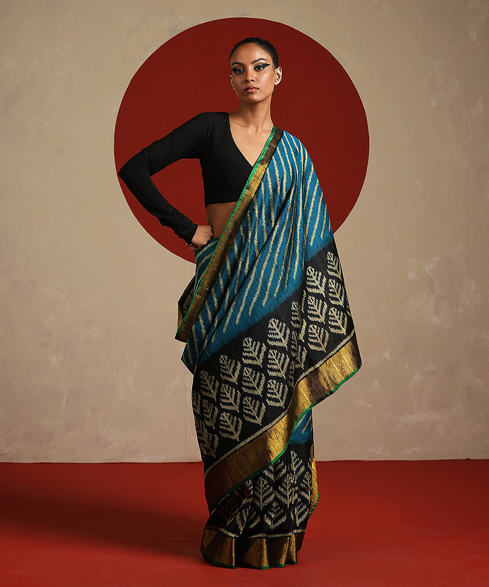 Handloom_Teal_And_Black_Double_Shade_Raw_Silk_Single_Ikat_Patola_Saree_WeaverStory_02