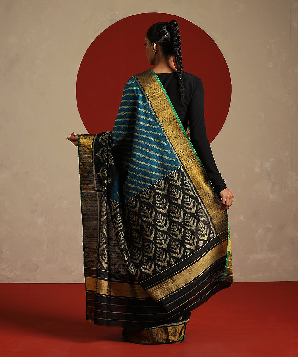 Handloom_Teal_And_Black_Double_Shade_Raw_Silk_Single_Ikat_Patola_Saree_WeaverStory_03