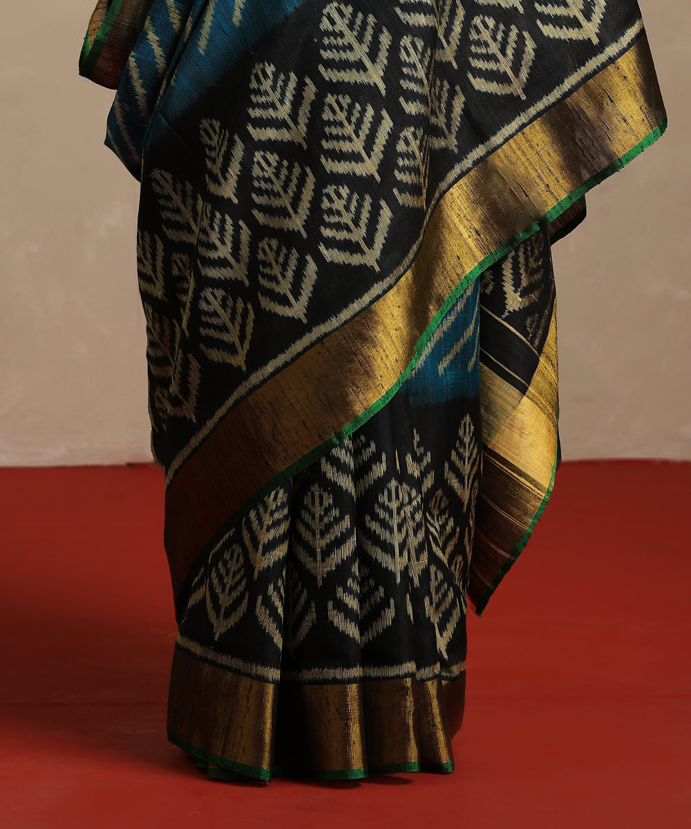 Handloom_Teal_And_Black_Double_Shade_Raw_Silk_Single_Ikat_Patola_Saree_WeaverStory_04