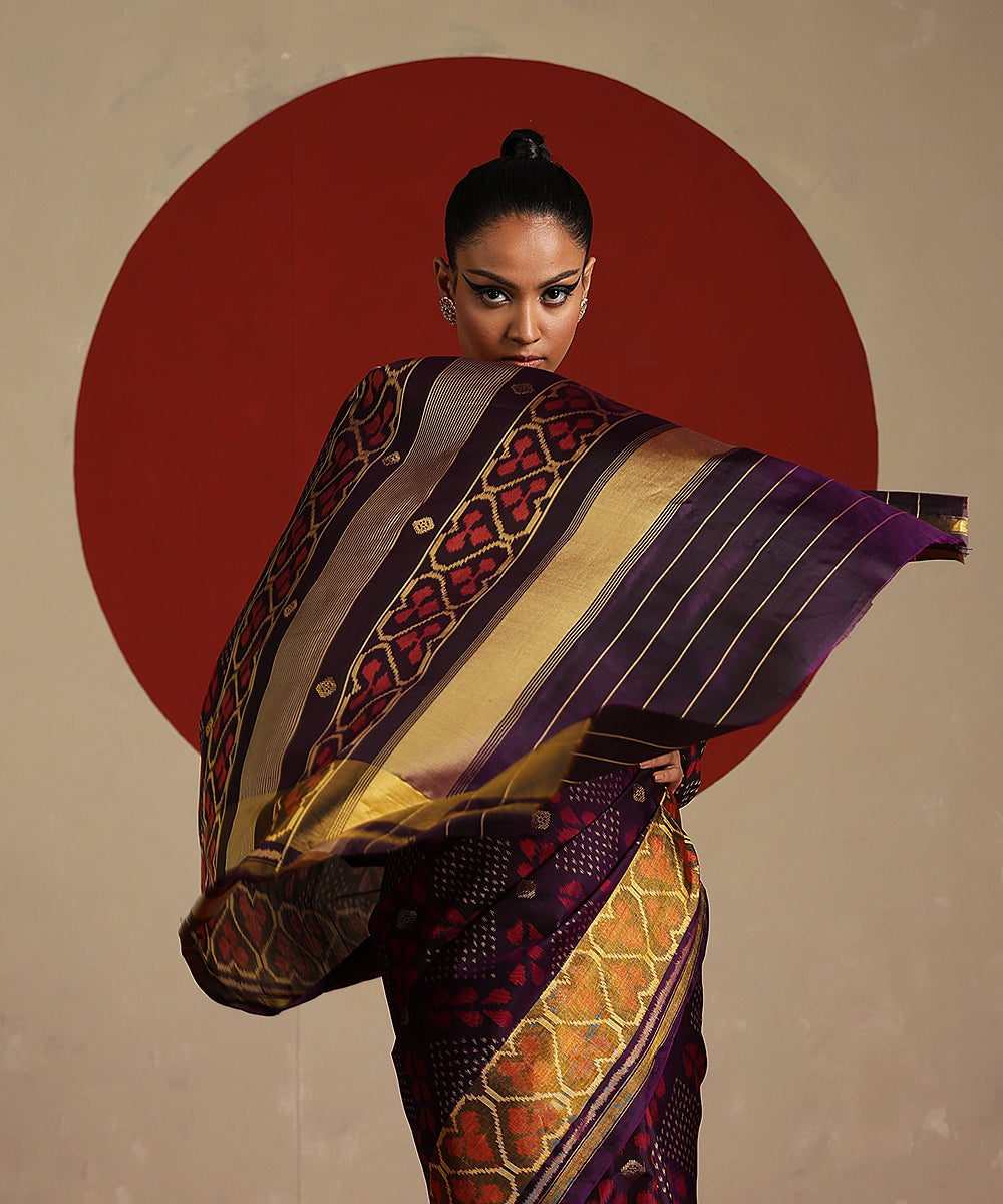 Dark_Purple_Handloom_Mustard_Double_Shade_Pure_Mulberry_Silk_Ikat_Patola_Saree_WeaverStory_01