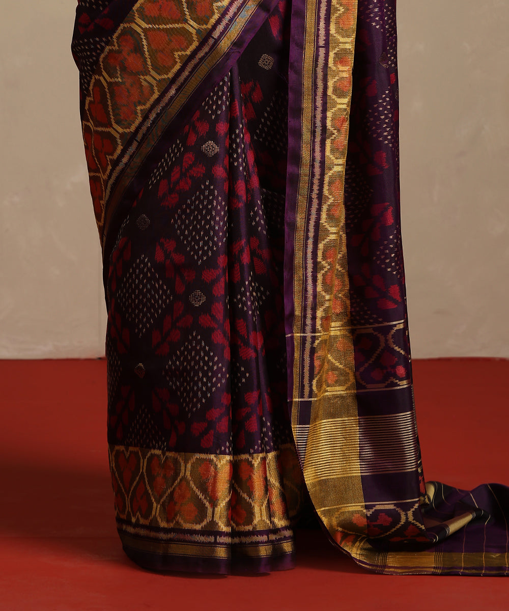 Dark_Purple_Handloom_Mustard_Double_Shade_Pure_Mulberry_Silk_Ikat_Patola_Saree_WeaverStory_04