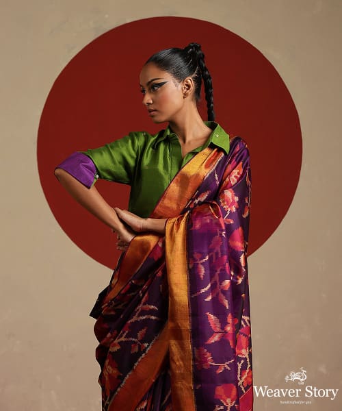 Purple_And_Pink_Handloom_Pure_Mulberry_Silk_Ikat_Patola_Saree_With_Tissue_Border_WeaverStory_01