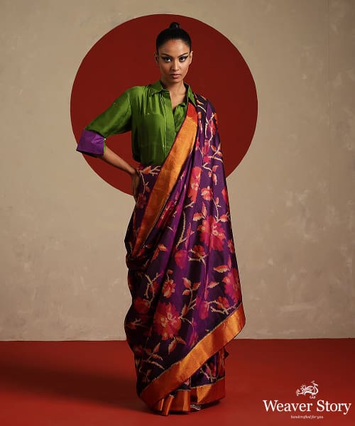 Purple_And_Pink_Handloom_Pure_Mulberry_Silk_Ikat_Patola_Saree_With_Tissue_Border_WeaverStory_02