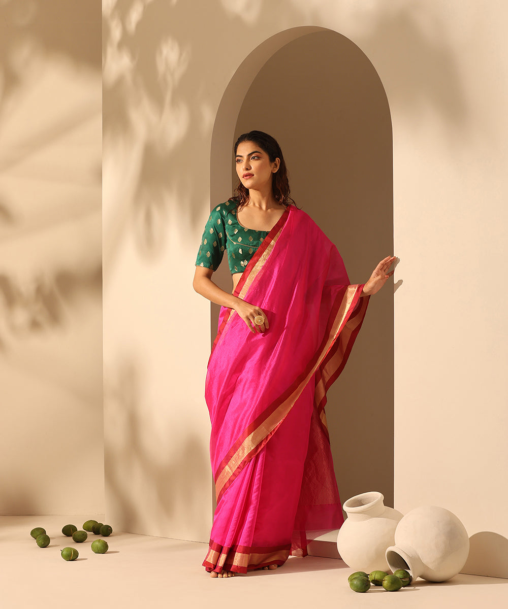 Hot_Pink_Handloom_Plain_Pure_Chanderi_Silk_Saree_With_Tissue_Border_WeaverStory_02