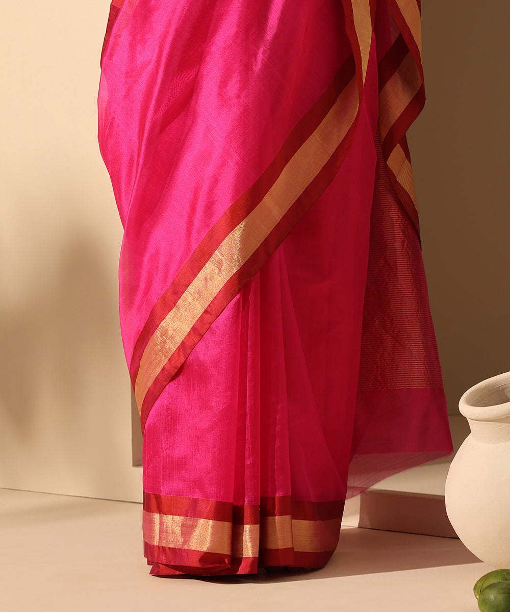 Hot_Pink_Handloom_Plain_Pure_Chanderi_Silk_Saree_With_Tissue_Border_WeaverStory_04