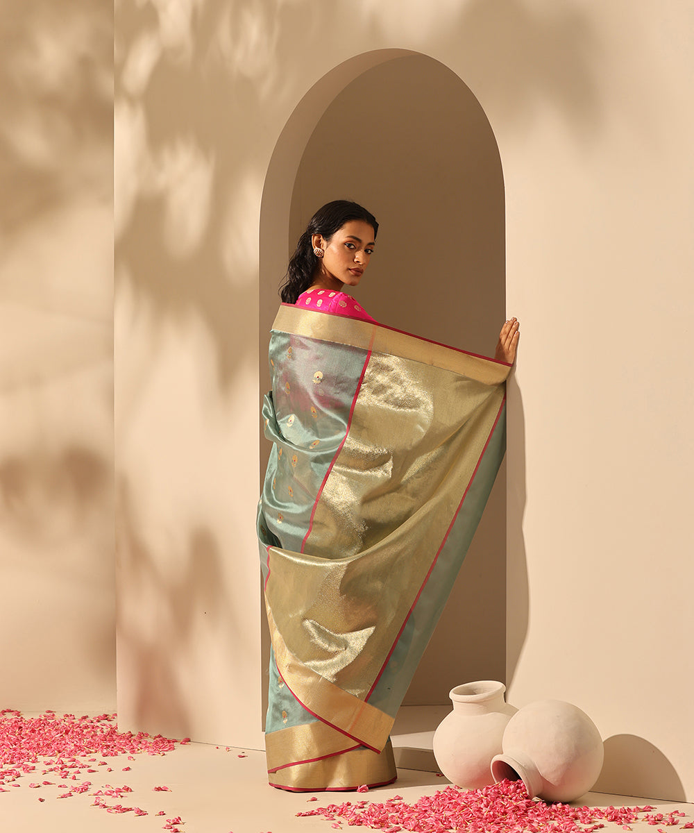 Handloom_Pastel_Sage_Green_Pure_Chanderi_Silk_Saree_With_All_Over_Kadhwa_Golden_Flower_Motifs_WeaverStory_03