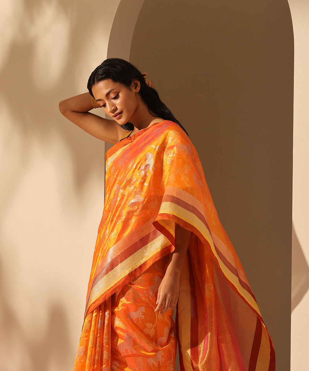 Handloom_Orange_Pure_Chanderi_Silk_Saree_With_Shikargha_Motifs_WeaverStory_01