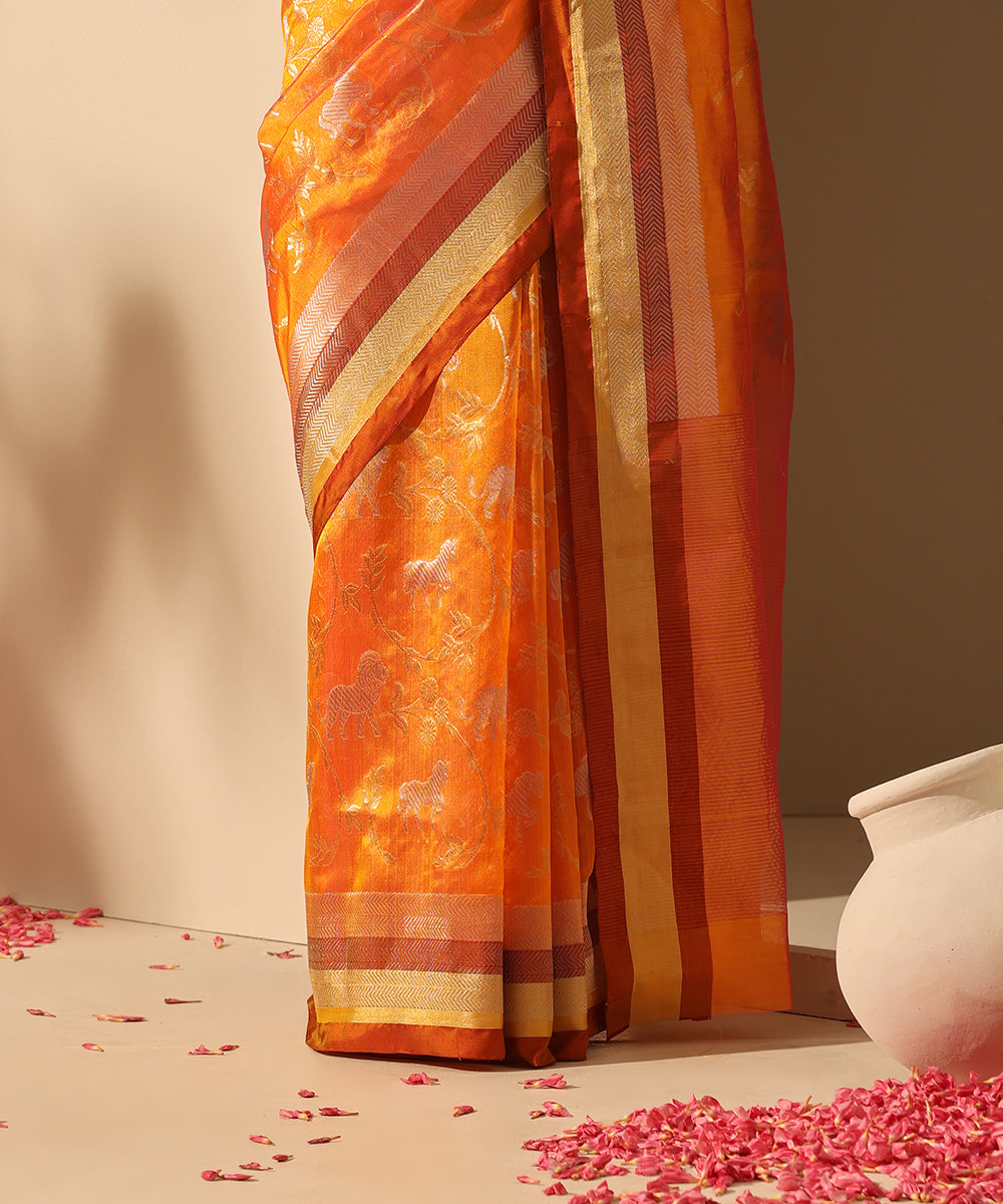 Handloom_Orange_Pure_Chanderi_Silk_Saree_With_Shikargha_Motifs_WeaverStory_04
