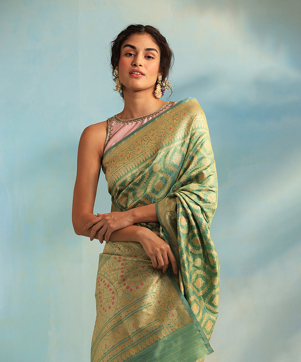 Handloom_Pista_Green_And_Blue_Double_Shade_Pure_Katan_Silk_Banarasi_Saree_With_All_Over_Resham_Jaal_WeaverStory_01