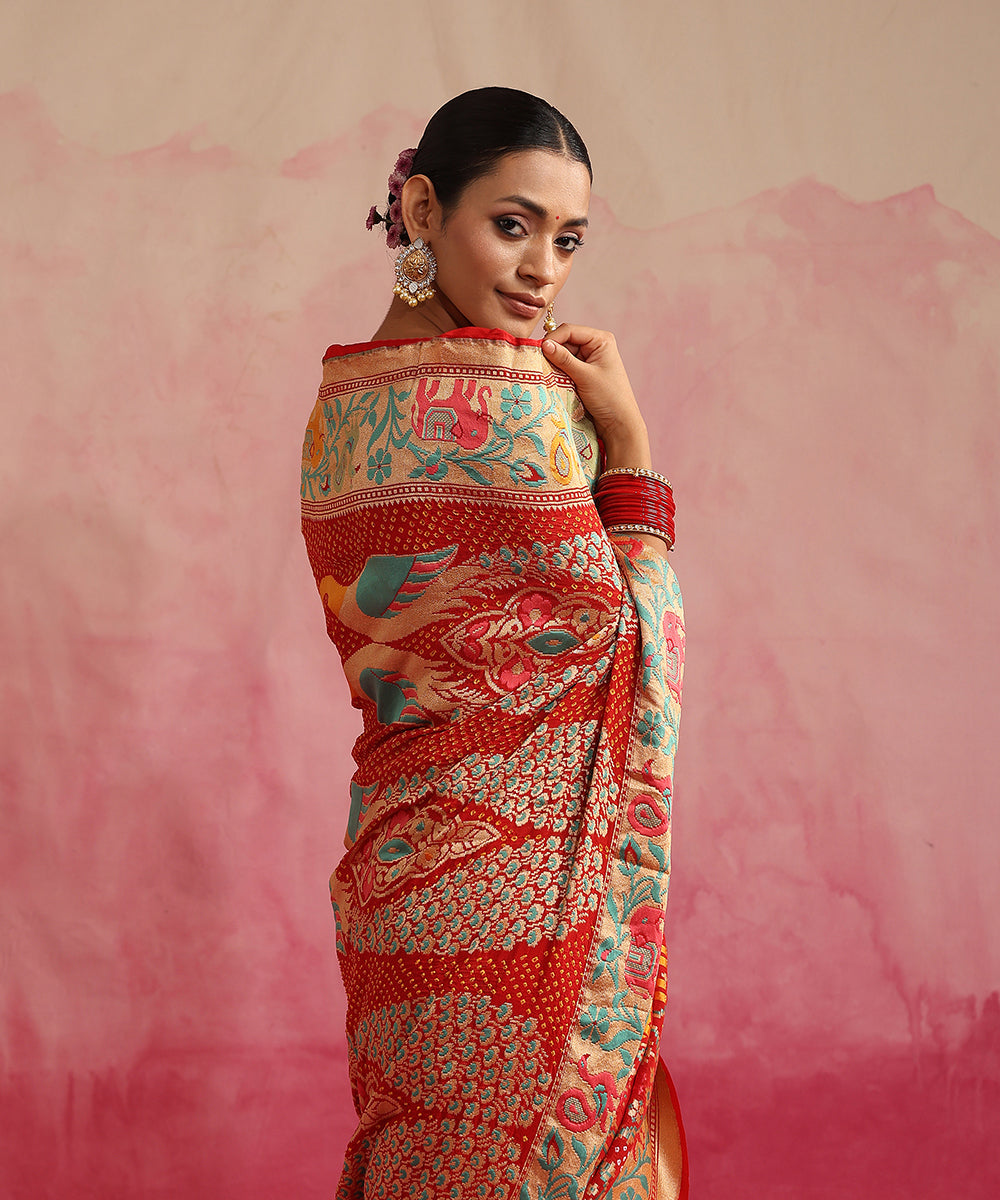 Handloom_Red_Pure_Georgette_Banarasi_Bandhej_Saree_With_Shikargah_Paithani_Border_WeaverStory_01