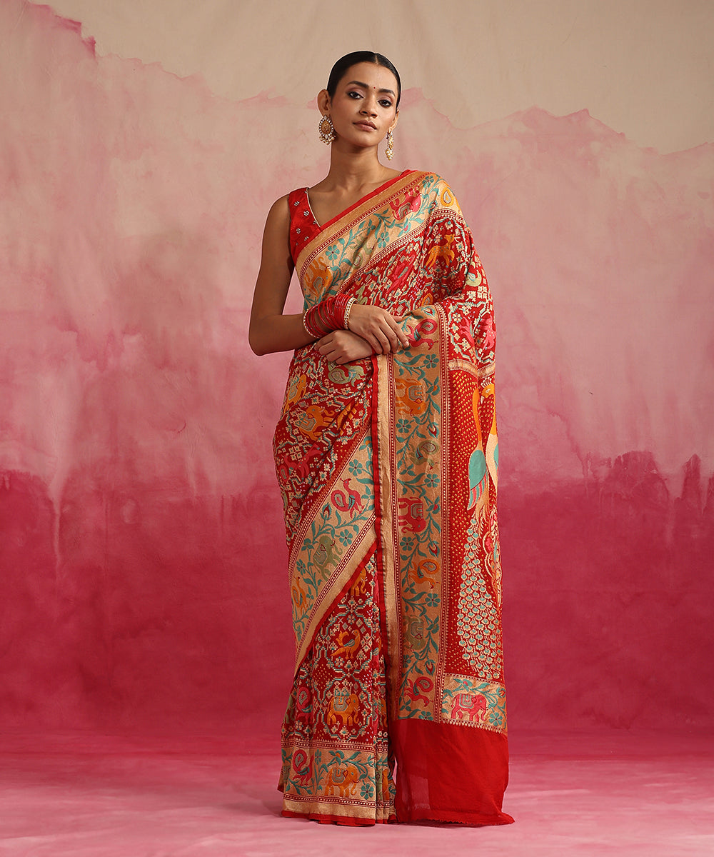 Handloom_Red_Pure_Georgette_Banarasi_Bandhej_Saree_With_Shikargah_Paithani_Border_WeaverStory_02