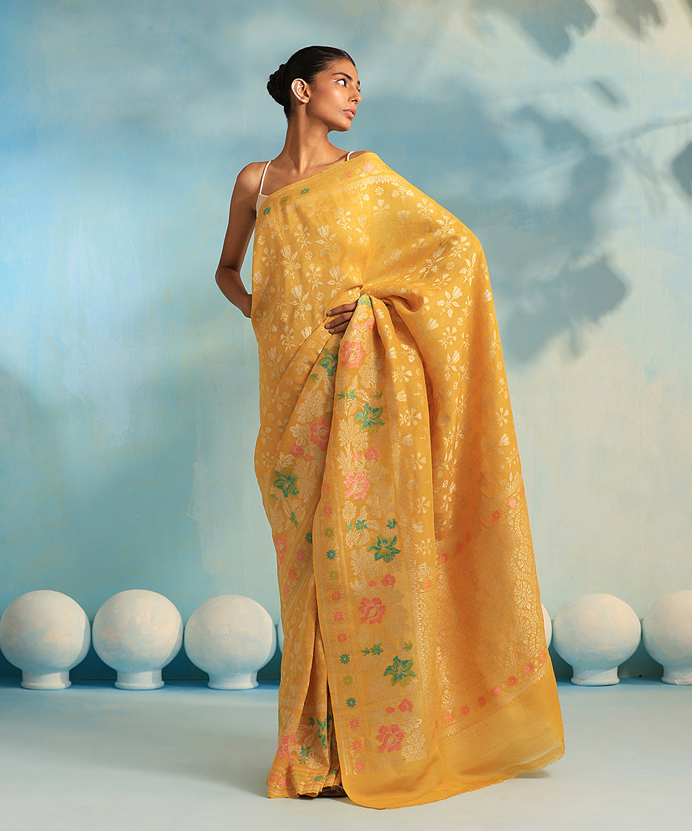 Handloom_Yellow_Pure_Tussar_Georgette_Banarasi_Saree_With_Floral_Border_WeaverStory_02