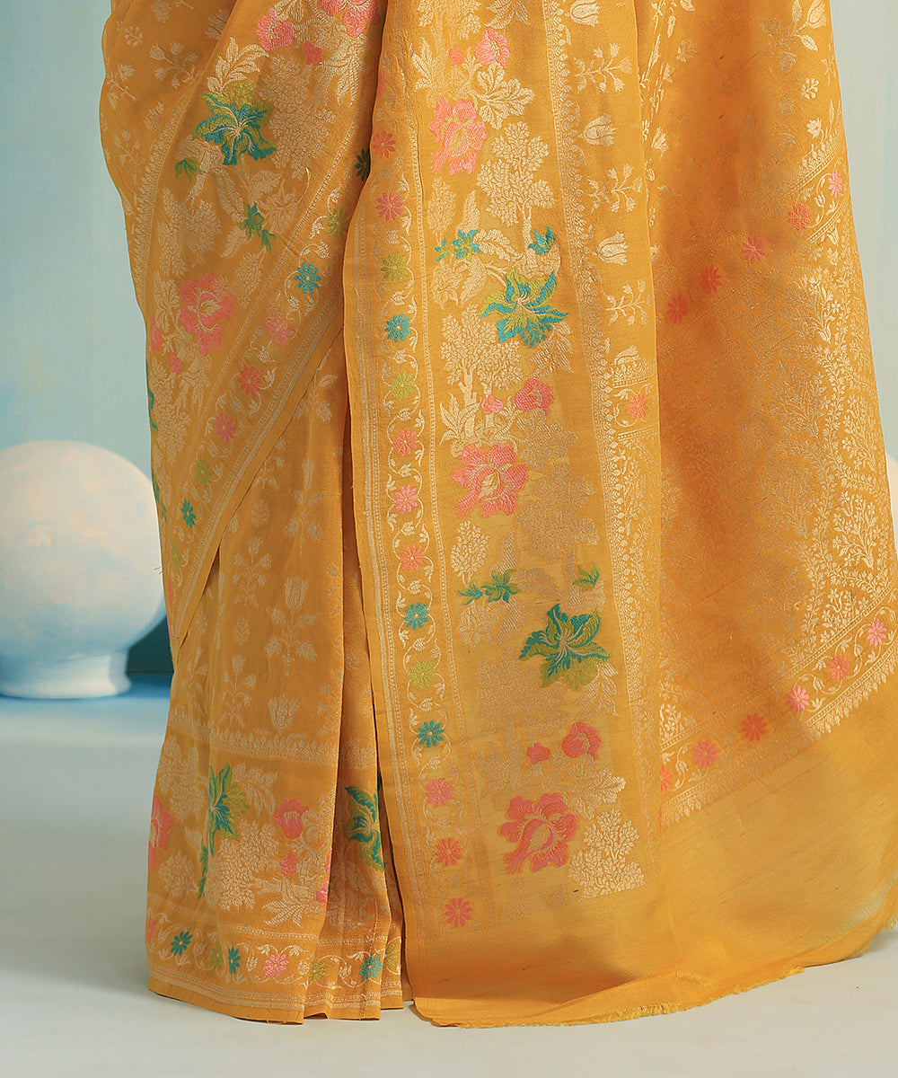 Handloom_Yellow_Pure_Tussar_Georgette_Banarasi_Saree_With_Floral_Border_WeaverStory_04