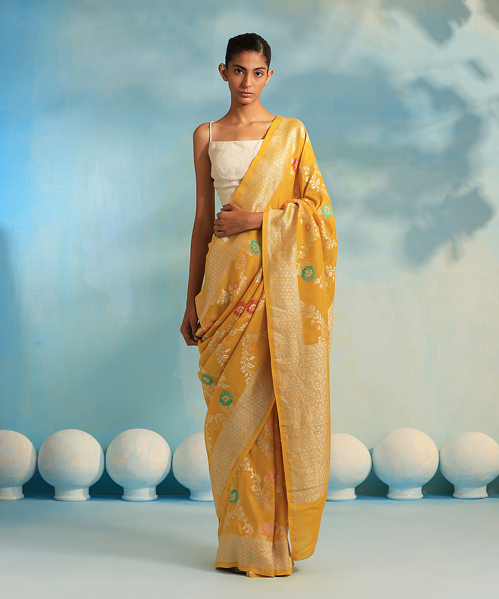 Yellow_Handloom_Pure_Georgette_Banarasi_Saree_With_Meenakari_WeaverStory_02