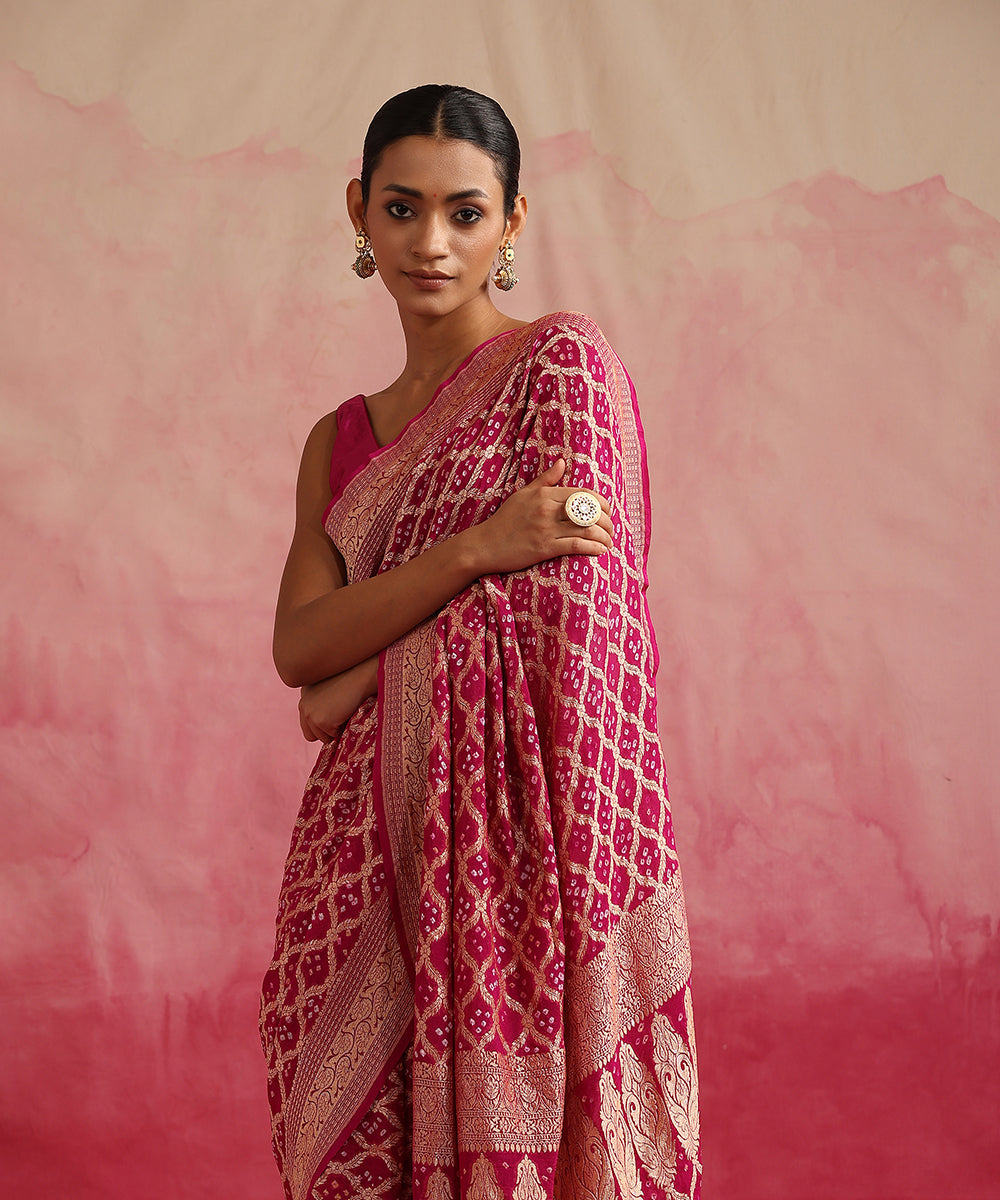 Magenta_Handloom_Pure_Georgette_Banarasi_Bandhej_Saree_WeaverStory_01