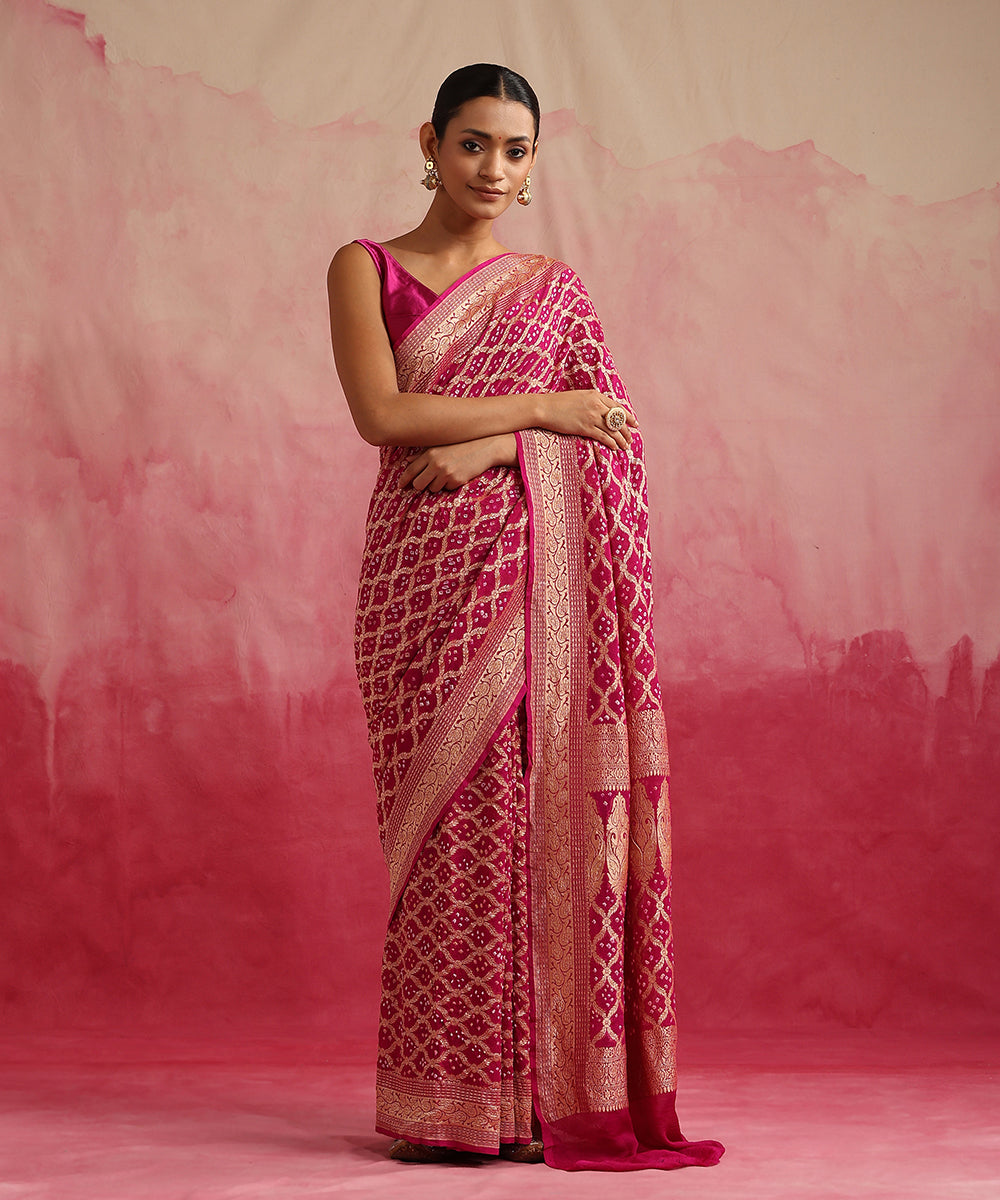 Magenta_Handloom_Pure_Georgette_Banarasi_Bandhej_Saree_WeaverStory_02