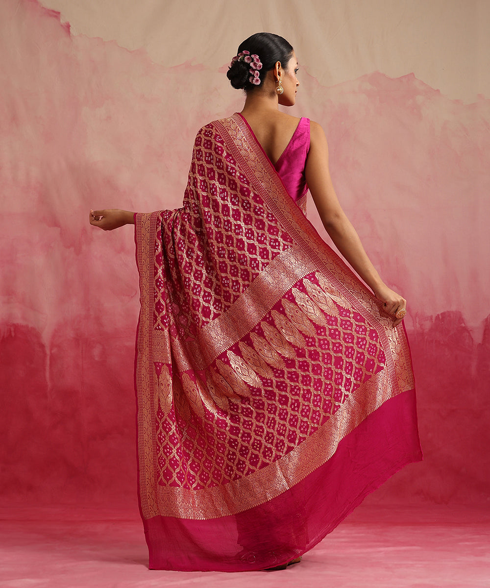Magenta_Handloom_Pure_Georgette_Banarasi_Bandhej_Saree_WeaverStory_03