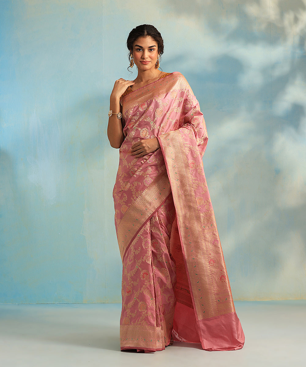 Handloom Blush Pink Pure Katan Silk Banarasi Saree With Jangla And