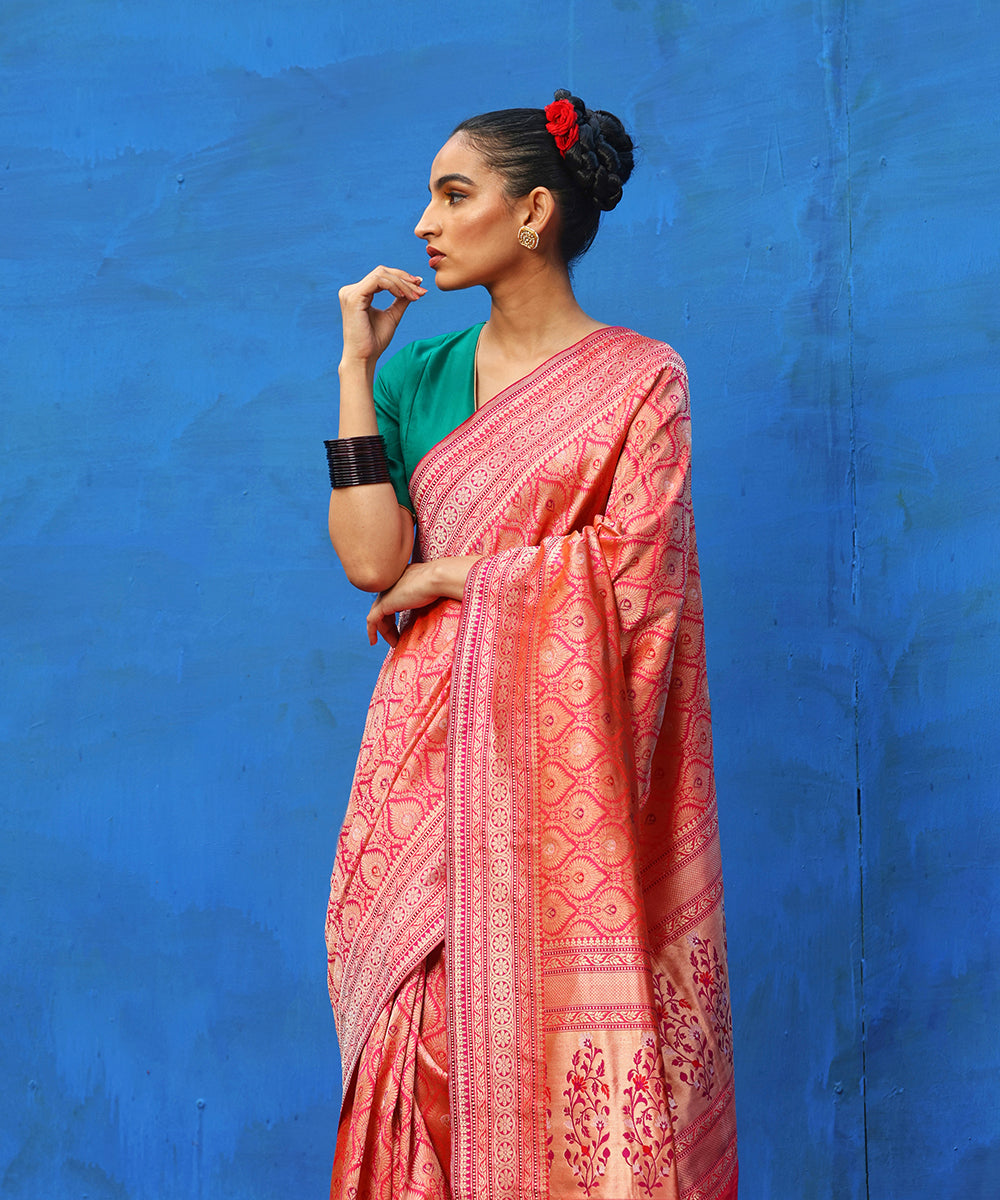 Handloom_Pink_And_Orange_Dual_Tone_Kimkhab_Banarasi_Saree_With_Meenakari_WeaverStory_01