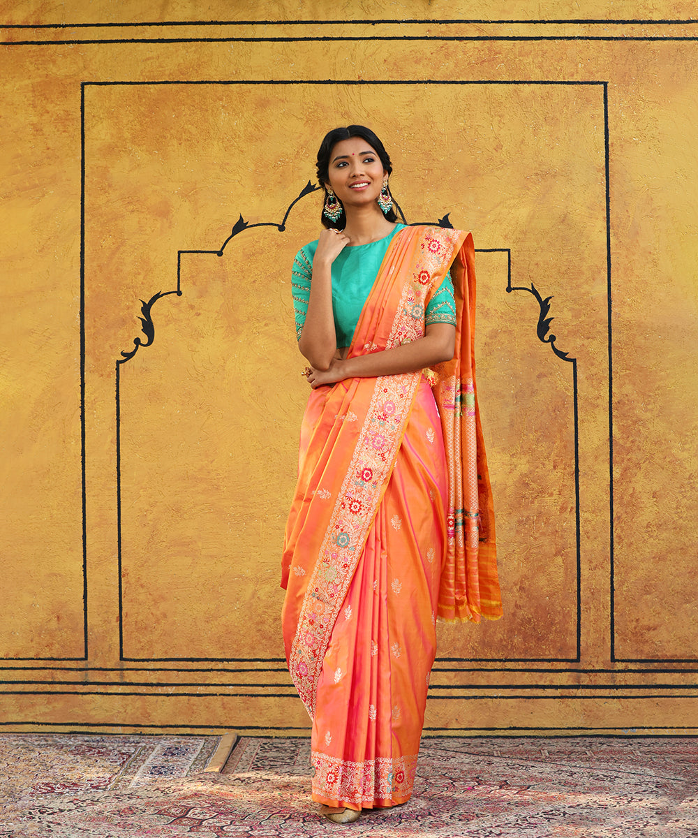 Peach_And_Orange_Dual_Tone_Handloom_Pure_Katan_Silk_Banarasi_Saree_With_Meenakari_WeaverStory_02