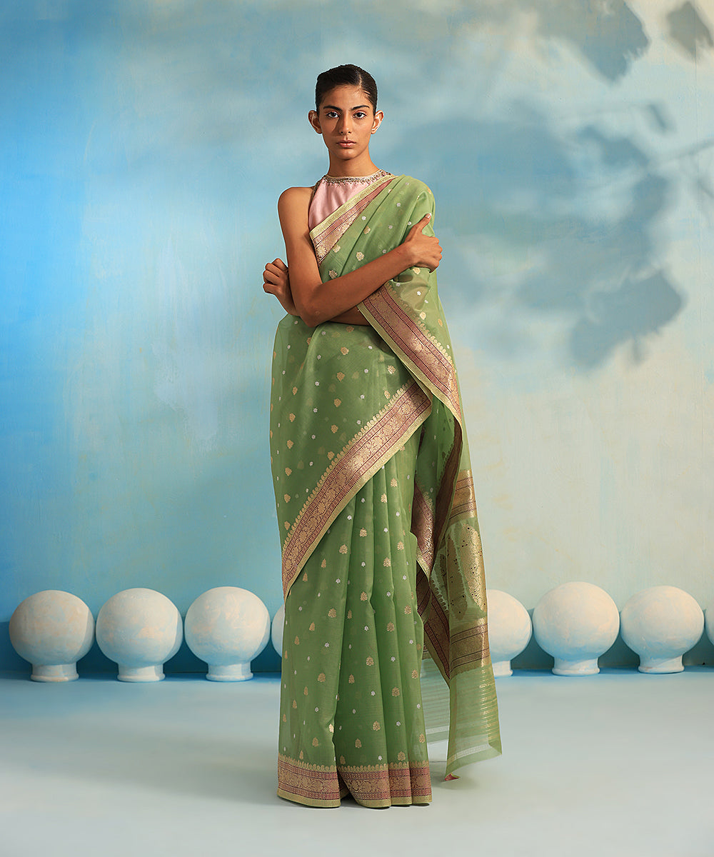Cardamom_Green_Handloom_Pure_Kora_Silk_Banarasi_Saree_With_Kadhwa_Border_WeaverStory_02