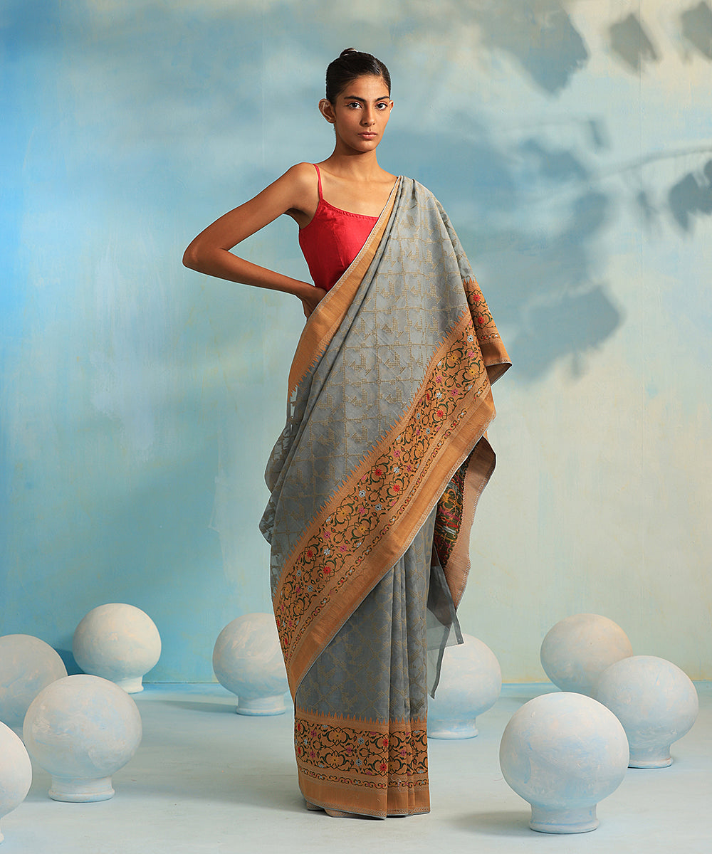 Pigeon_Blue_Handloom_Pure_Kora_Silk_Banarasi_Saree_With_Multicolor_Resham_Border_WeaverStory_02