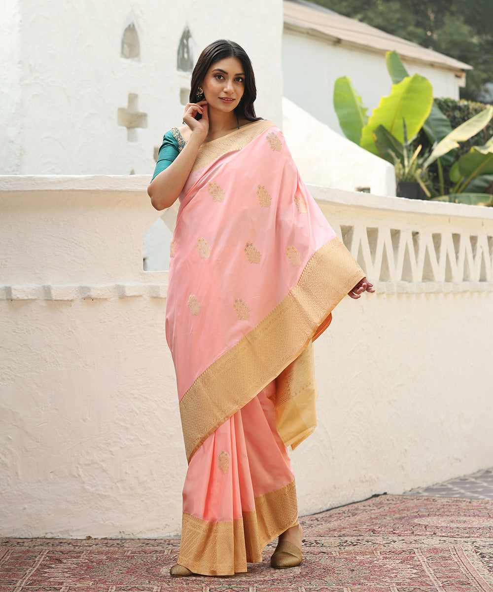 Pink_Handloom_Pure_Katan_Silk_Banarasi_Saree_With_Boota_And_Beige_Satin_Border_WeaverStory_02