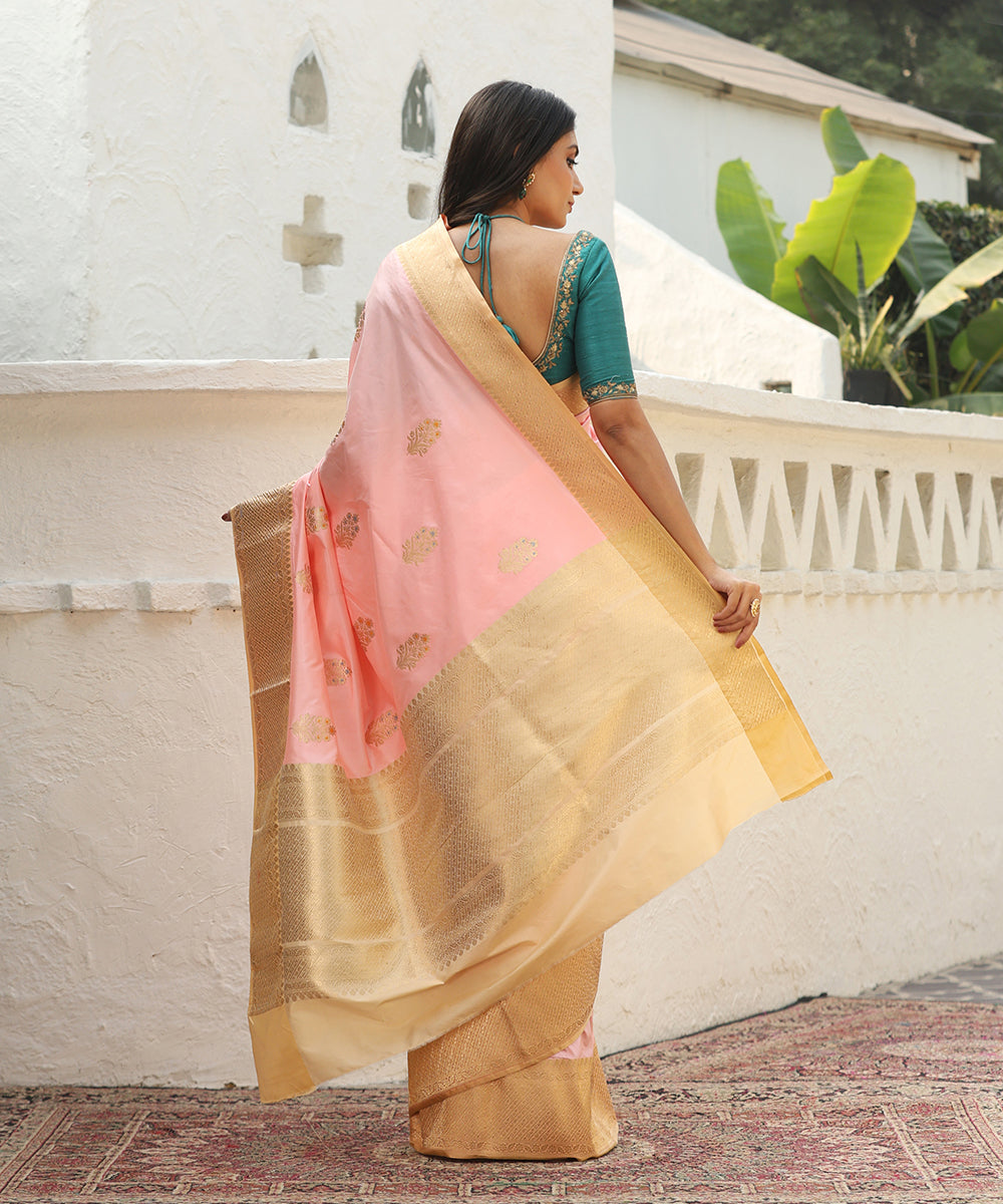 Pink_Handloom_Pure_Katan_Silk_Banarasi_Saree_With_Boota_And_Beige_Satin_Border_WeaverStory_03