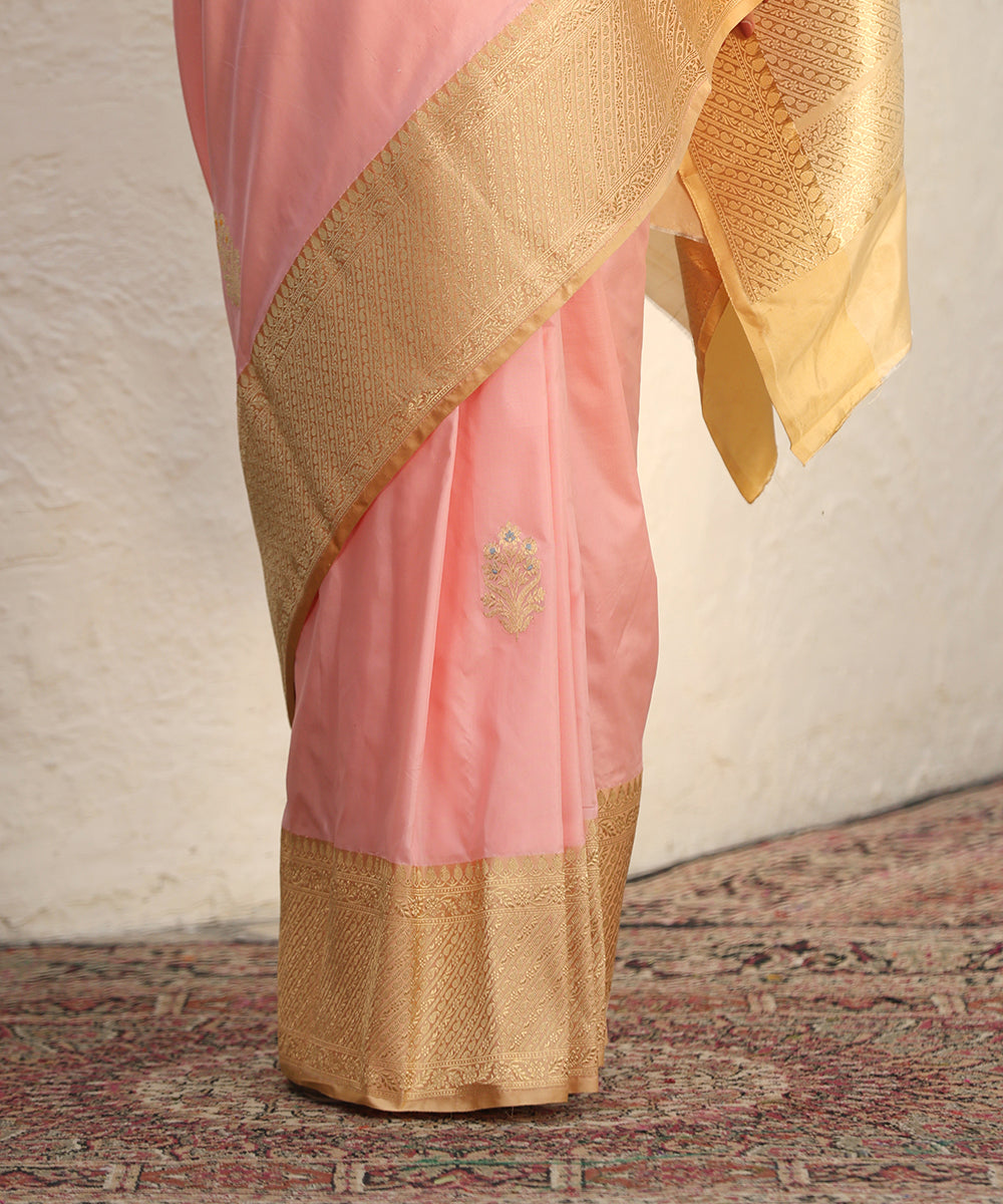 Pink_Handloom_Pure_Katan_Silk_Banarasi_Saree_With_Boota_And_Beige_Satin_Border_WeaverStory_04