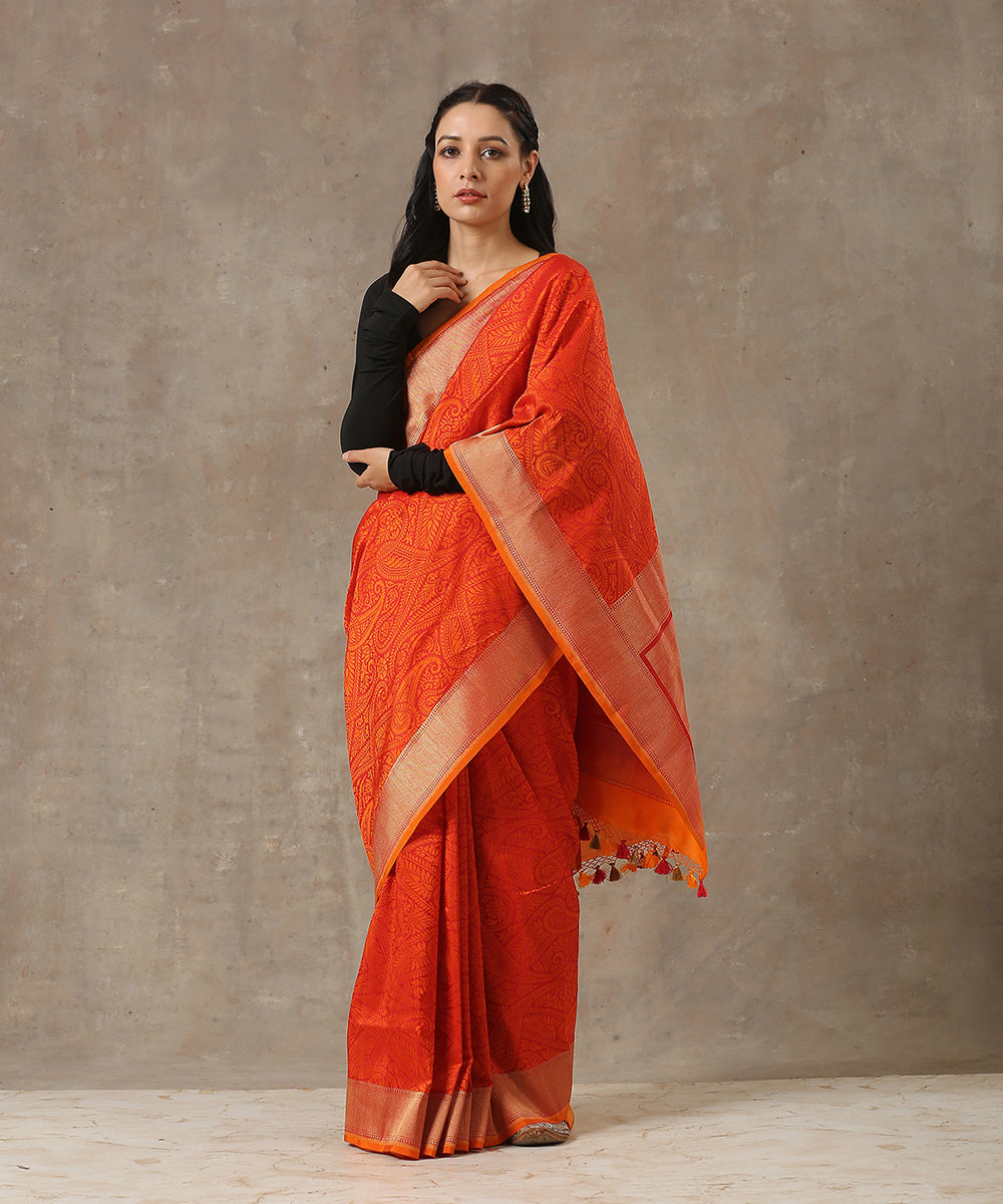 Orange_Handloom_Katan_Georgette_Jamawar_Banarasi_Saree_WeaverStory_02