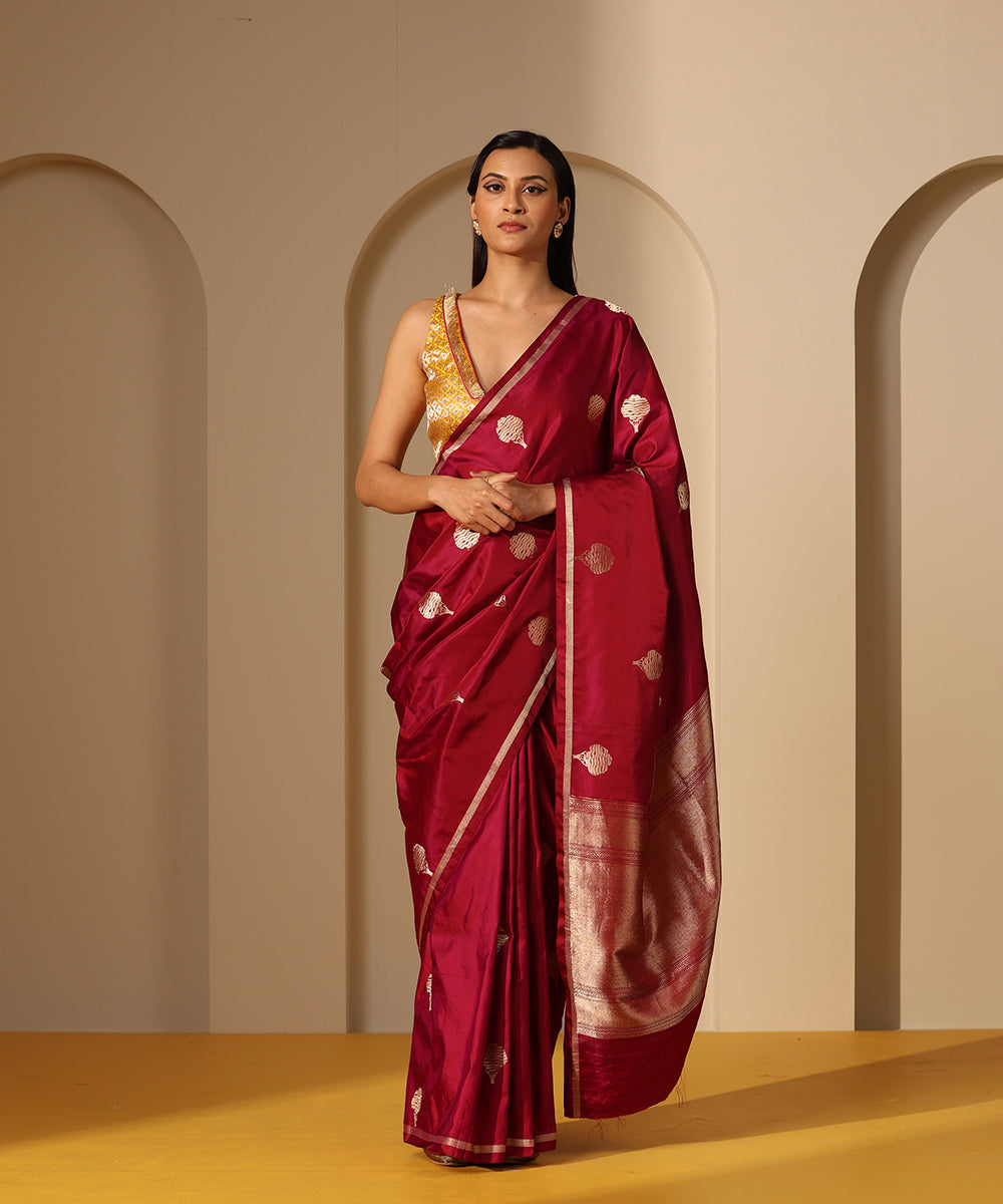 Handloom_Wine_Pure_Satin_Silk_Banarasi_Saree_With_Kadhwa_Boota_WeaverStory_02