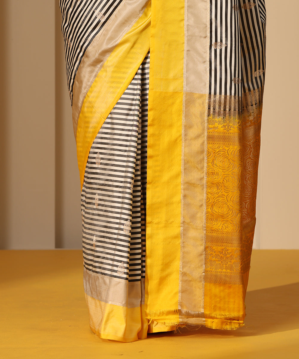 White_And_Black_Handloom_Mashroo_Silk_Banarasi_Saree_With_Yellow_And_Grey_Border_WeaverStory_04