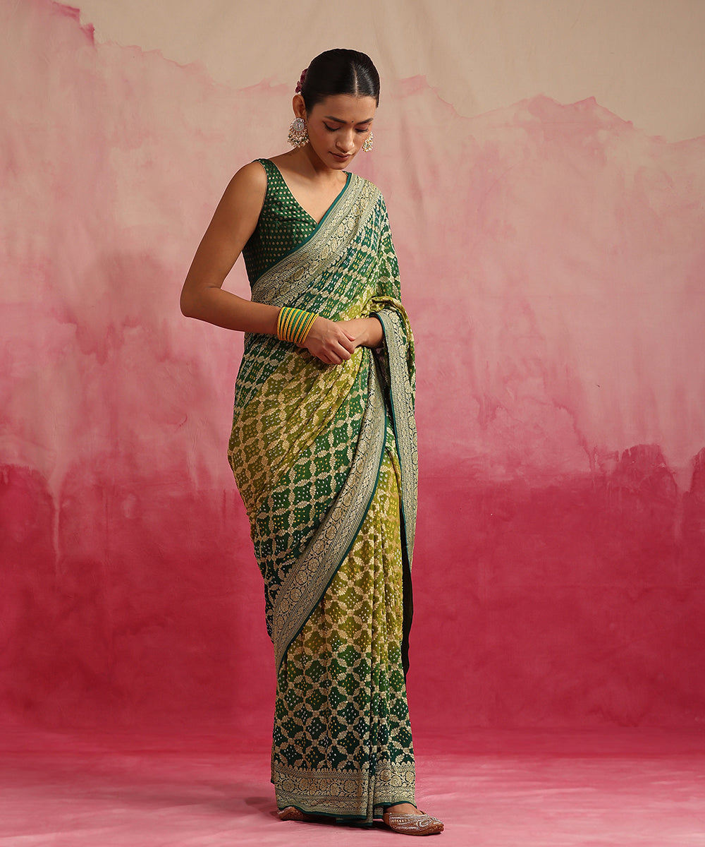 Handloom_Green_Ombre_Dyed_Pure_Georgette_Banarasi_Bandhej_Saree_WeaverStory_02