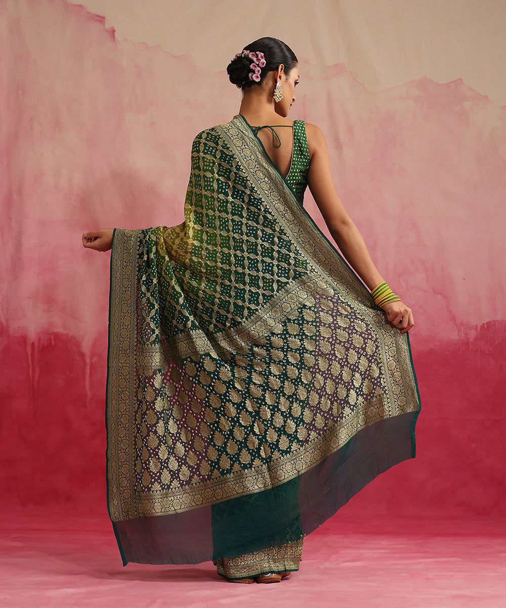 Handloom_Green_Ombre_Dyed_Pure_Georgette_Banarasi_Bandhej_Saree_WeaverStory_03