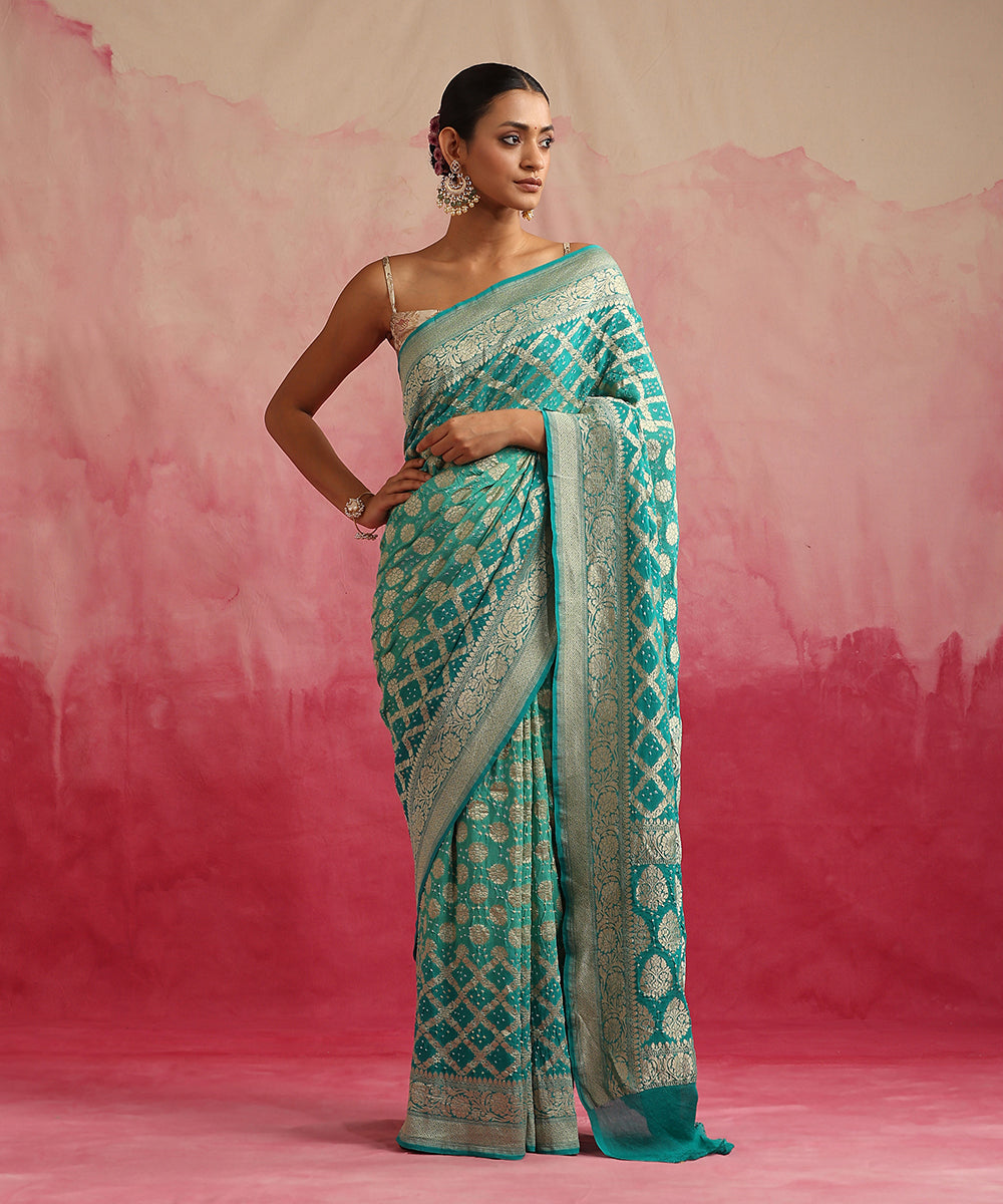 Aqua_Ombre_Dyed_Handloom_Pure_Georgette_Banarasi_Bandhej_Saree_WeaverStory_02