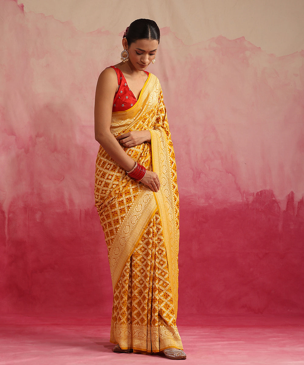 Mustard_Handloom_Pure_Georgette_Banarasi_Bandhej_Saree_With_Cutwork_Jaal_WeaverStory_02