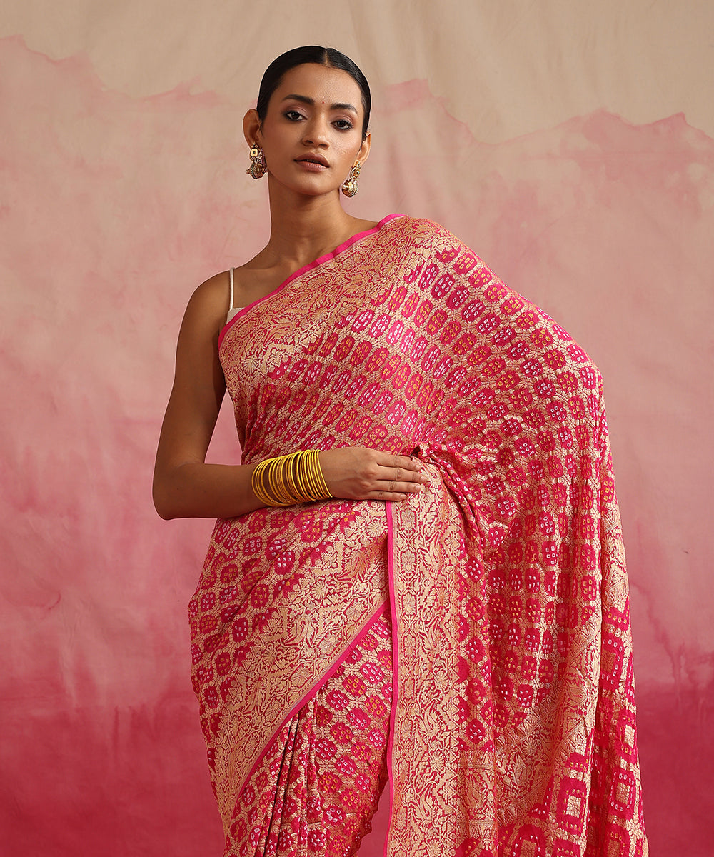 Fuchsia_Pink_Handloom_Pure_Georgette_Banarasi_Bandhej_Saree_WeaverStory_01