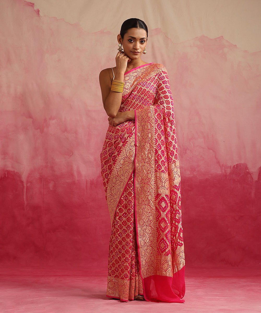 Fuchsia_Pink_Handloom_Pure_Georgette_Banarasi_Bandhej_Saree_WeaverStory_02