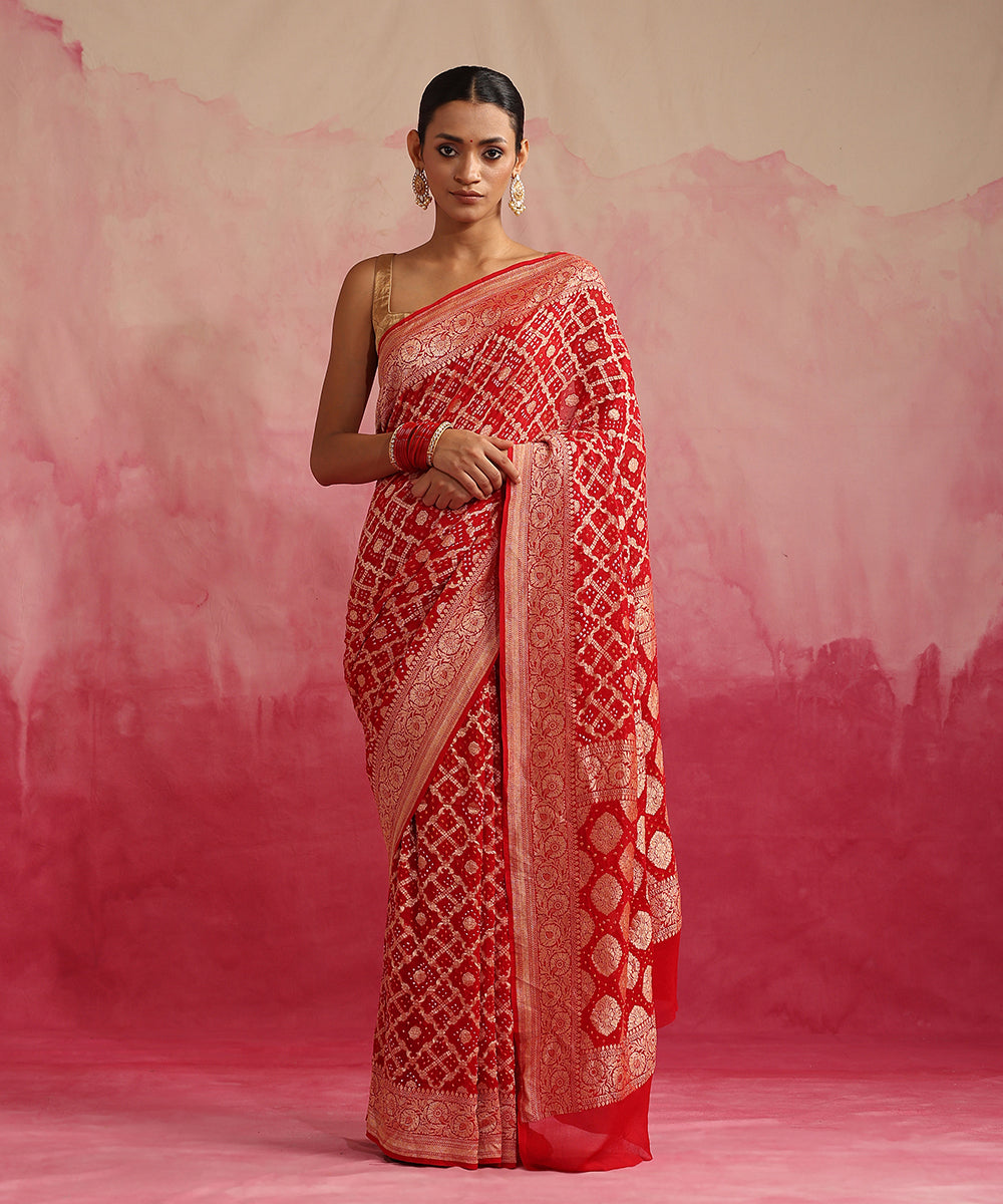 Red_Handloom_Pure_Georgette_Banarasi_Bandhej_Saree_With_Cutwork_Weave_WeaverStory_02