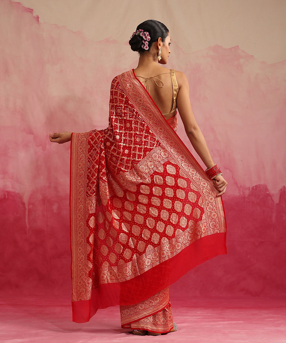 Red_Handloom_Pure_Georgette_Banarasi_Bandhej_Saree_With_Cutwork_Weave_WeaverStory_03