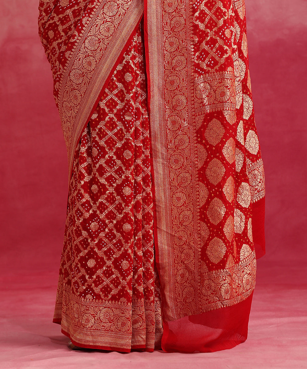 Red_Handloom_Pure_Georgette_Banarasi_Bandhej_Saree_With_Cutwork_Weave_WeaverStory_04