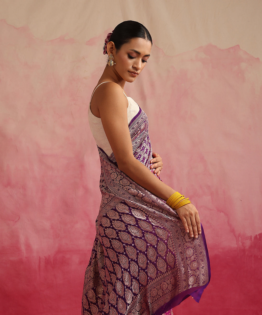 Handloom_Majenta_And_Purple_Ombre_Dyed_Pure_Georgette_Banarasi_Bandhej_Saree_WeaverStory_01