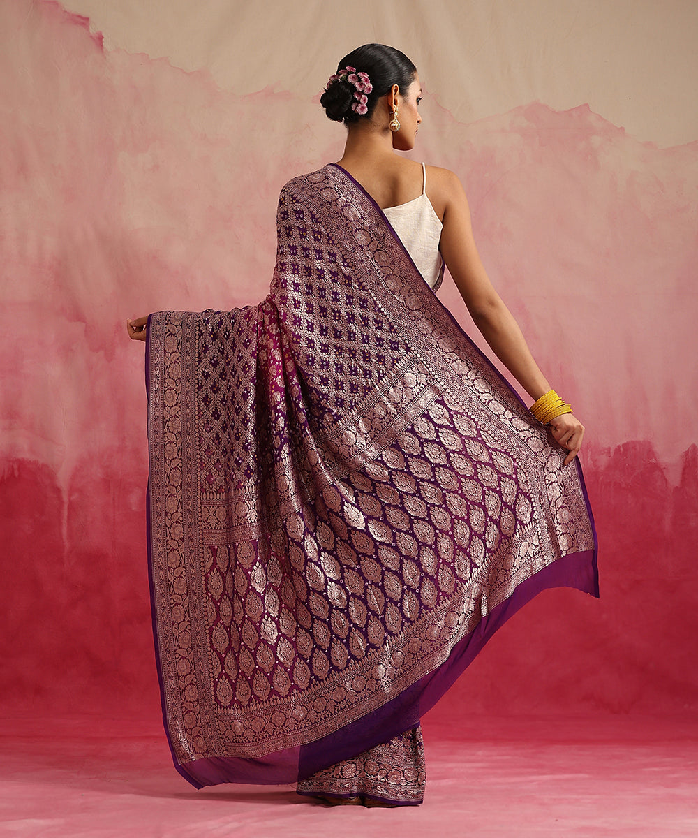 Handloom_Majenta_And_Purple_Ombre_Dyed_Pure_Georgette_Banarasi_Bandhej_Saree_WeaverStory_03