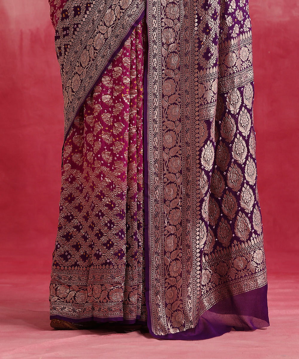 Handloom_Majenta_And_Purple_Ombre_Dyed_Pure_Georgette_Banarasi_Bandhej_Saree_WeaverStory_04